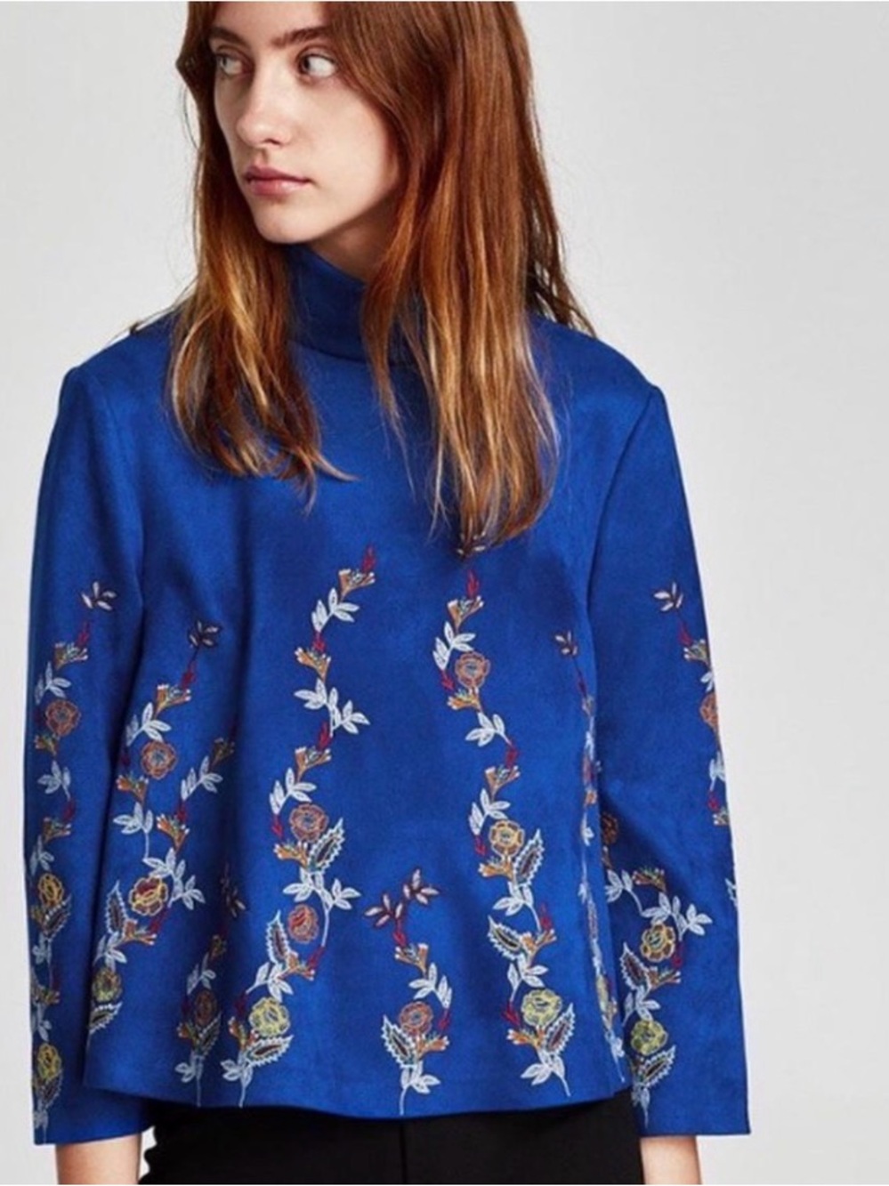 Zara Royal Blue Embroidered Faux Suede Mock Neck Swing Blouse